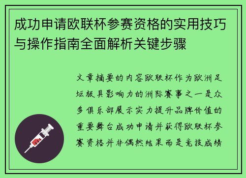 成功申请欧联杯参赛资格的实用技巧与操作指南全面解析关键步骤 成功申请欧联杯参赛资格的实用技巧与操作指南全面解析关键步骤