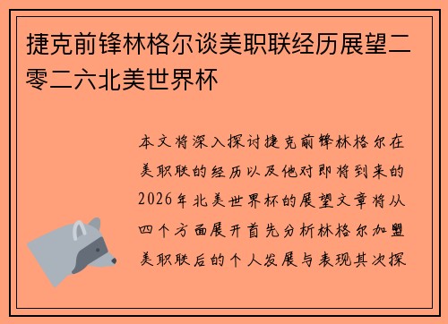捷克前锋林格尔谈美职联经历展望二零二六北美世界杯