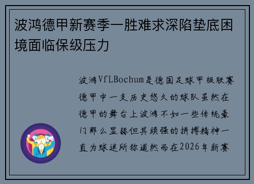 波鸿德甲新赛季一胜难求深陷垫底困境面临保级压力 波鸿德甲新赛季一胜难求深陷垫底困境面临保级压力