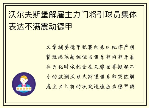 沃尔夫斯堡解雇主力门将引球员集体表达不满震动德甲 沃尔夫斯堡解雇主力门将引球员集体表达不满震动德甲